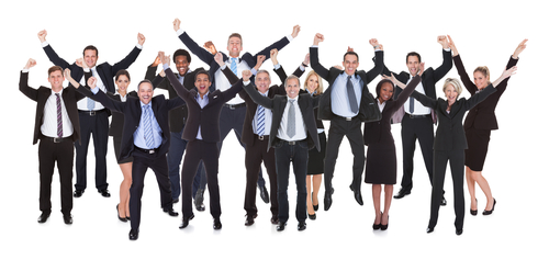 Group Of Business People Raising Arms